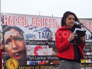 A woman speaker from TGTE UK addressing the crowd at the Million Women Rise rally. Currently it is estimated that 90,000 Tamil w